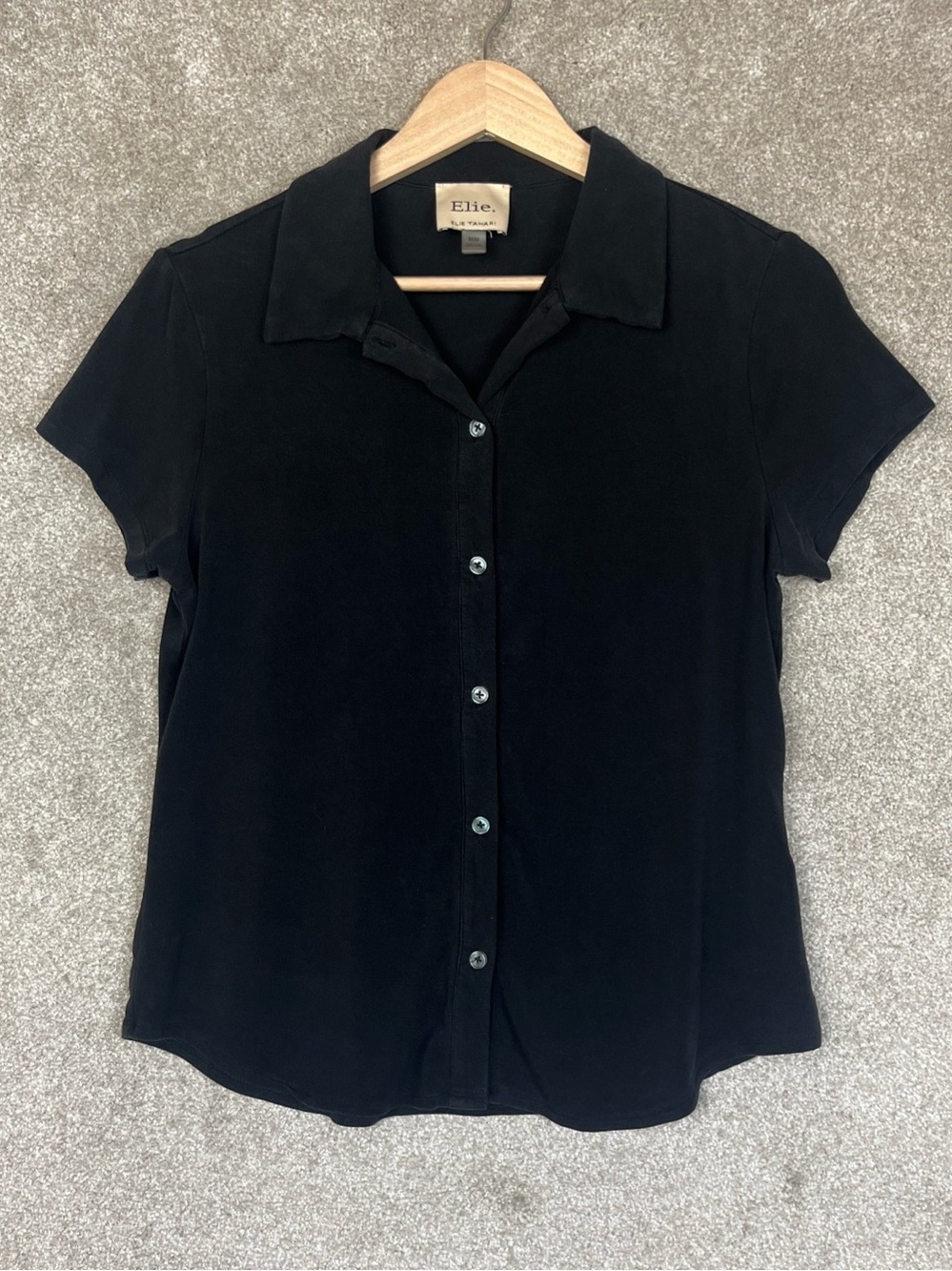 Elie Tahari Shirt Womens Medium Black Short Sleeve Stretch Button Front- 5367